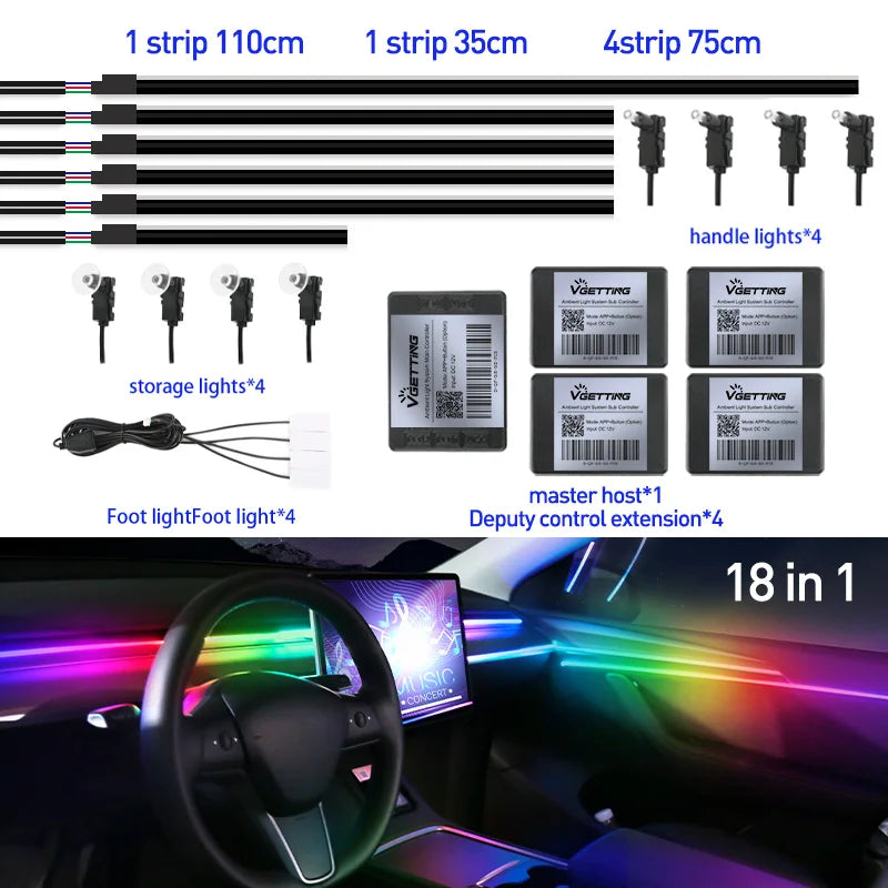 RGB LED Car Ambient Lights - 64 Color Customizable Symphony Lamp