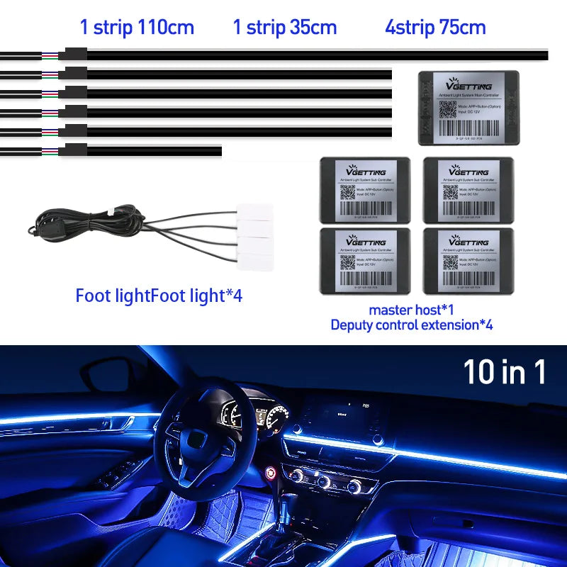 RGB LED Car Ambient Lights - 64 Color Customizable Symphony Lamp