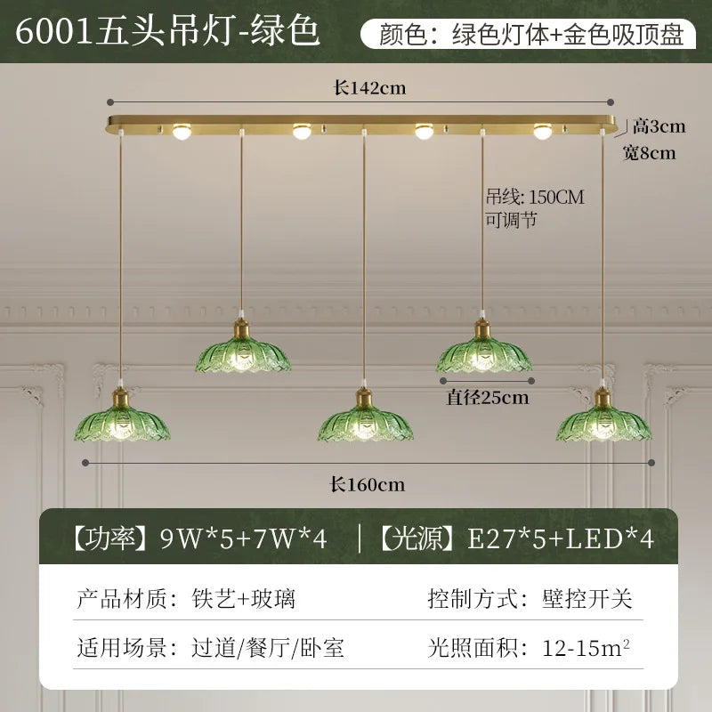 Vintage Green Glass LED Pendant Light - Adjustable Floral Design