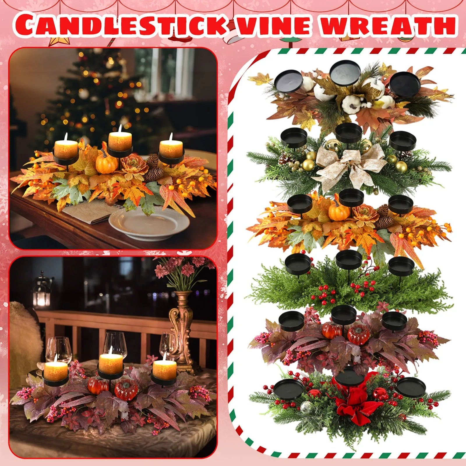 Christmas Three-Legged Candle Holder with Rattan Wreath Decoration
