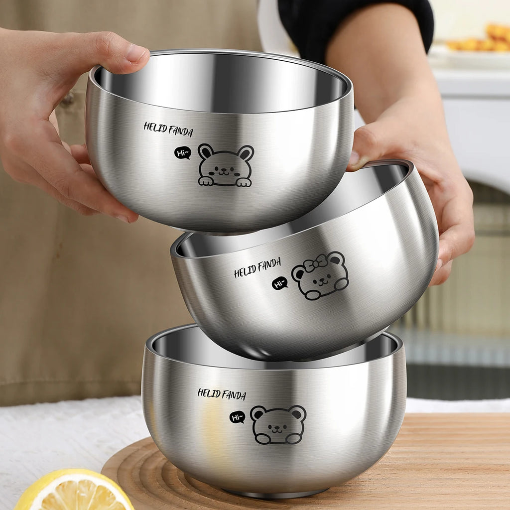 Double-Layer Stainless Steel Bowl Set for Kids - Anti-Scalding