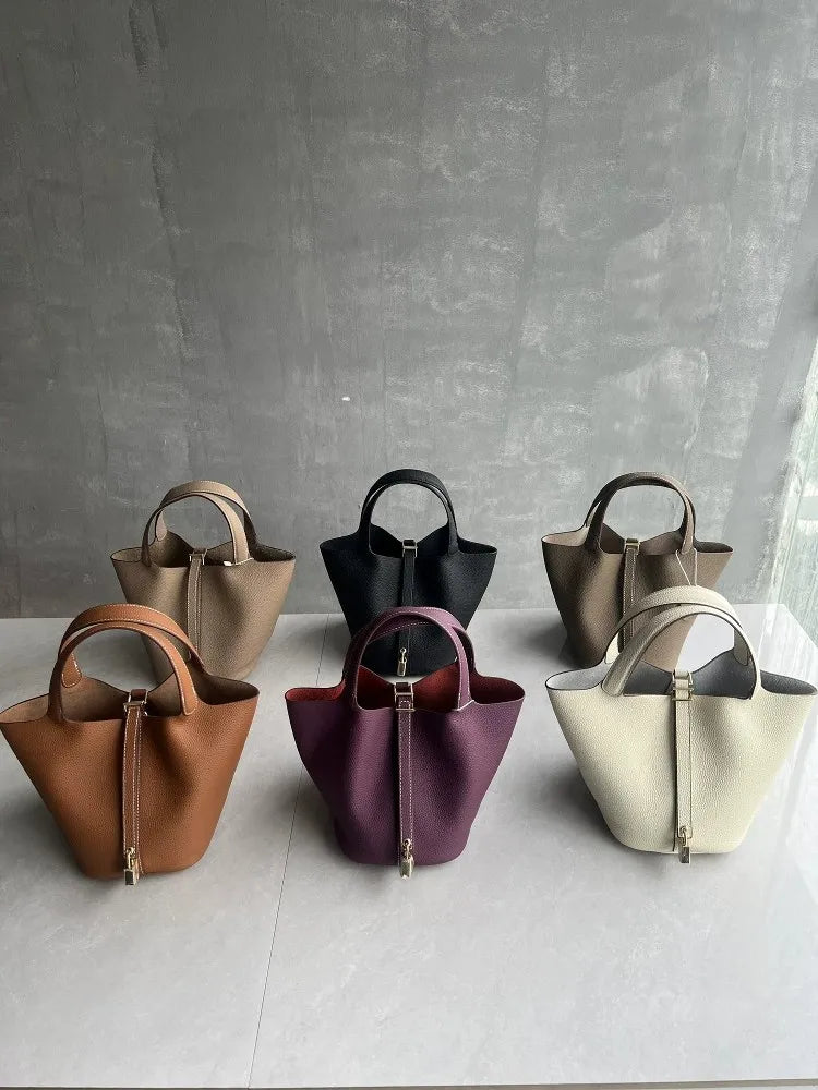 Elegant Premium Cowhide Leather Handheld Basket Bag for Women