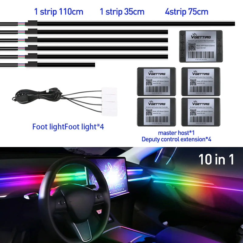 RGB LED Car Ambient Lights - 64 Color Customizable Symphony Lamp