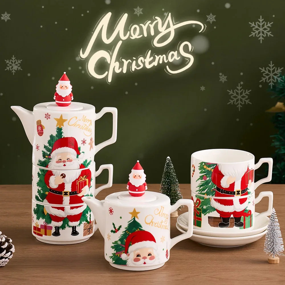 Elegant Christmas Ceramic Teapot Set with Gold Plated Accents