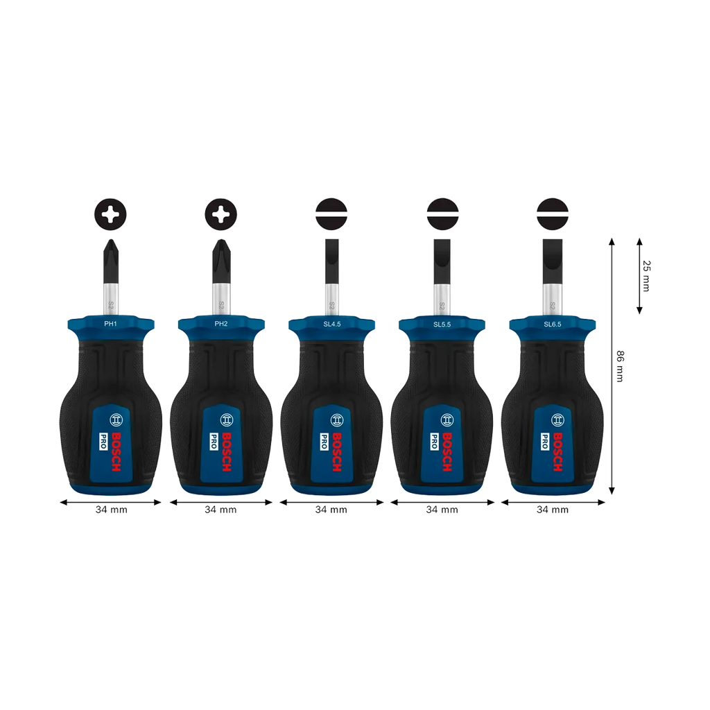 BOSCH PRO Stubby Screwdriver Set - PH/SL & PZ/SL 5PCS
