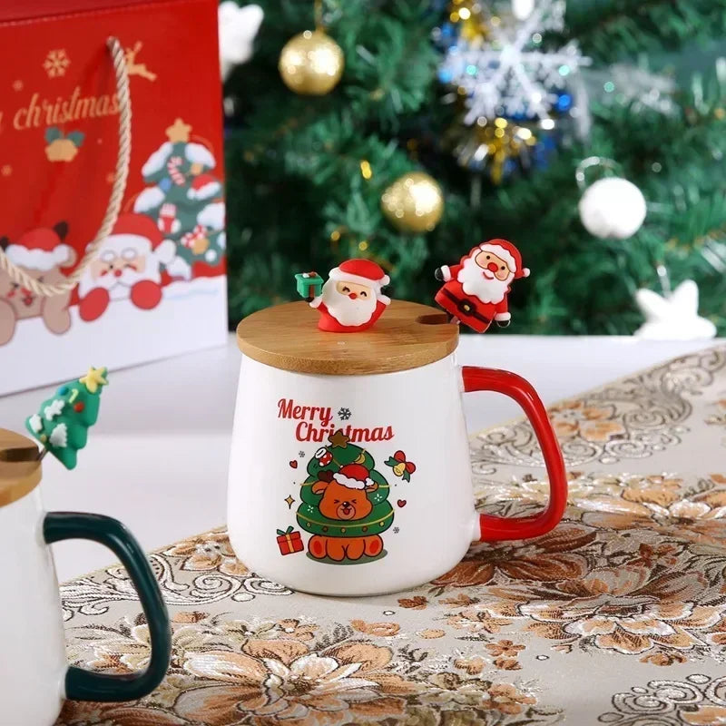 Festive Ceramic Mug Set with Lid & Spoon - Perfect Christmas Gift