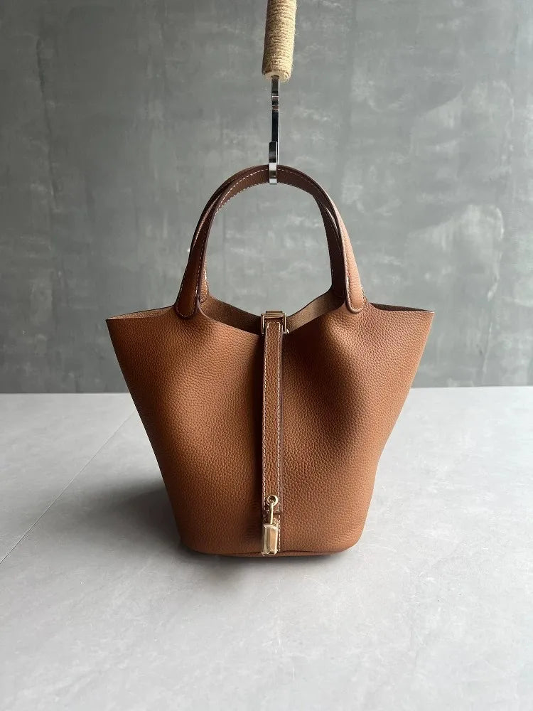 Elegant Premium Cowhide Leather Handheld Basket Bag for Women