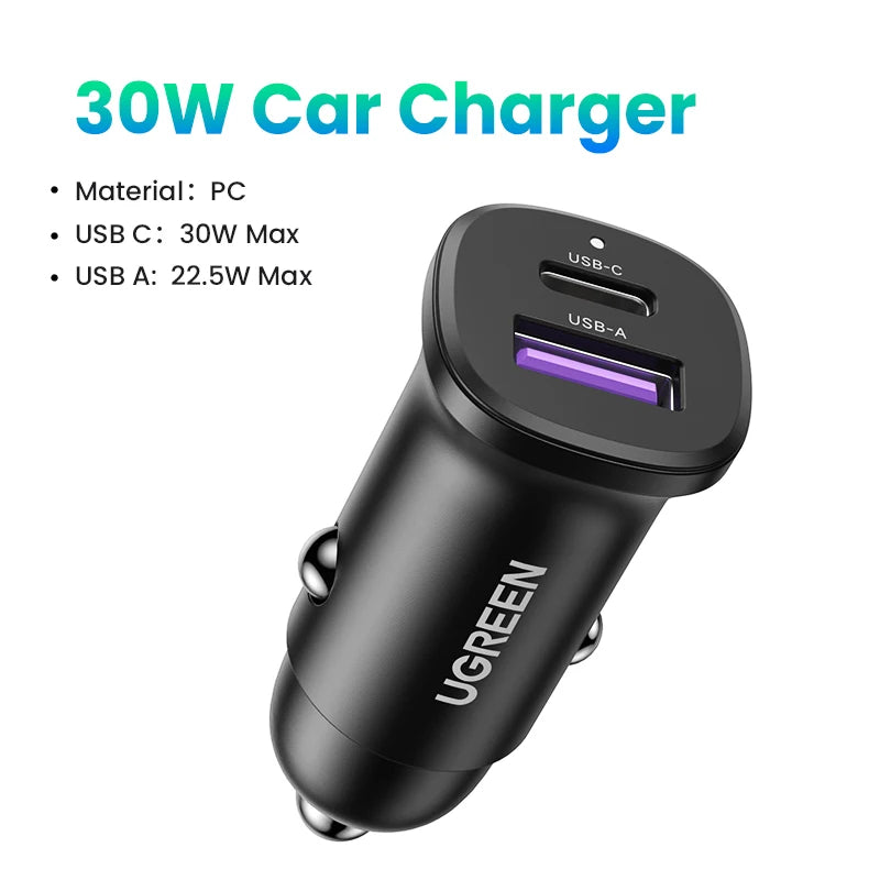 UGREEN 30W Fast Car Charger - Dual Port PD & QC for Quick Charging