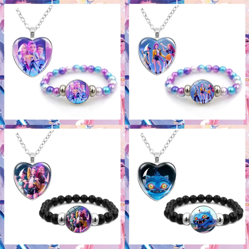 Trendy 2pc Demon Hunters Necklace & Bracelet Set - Stylish Anime Accessory