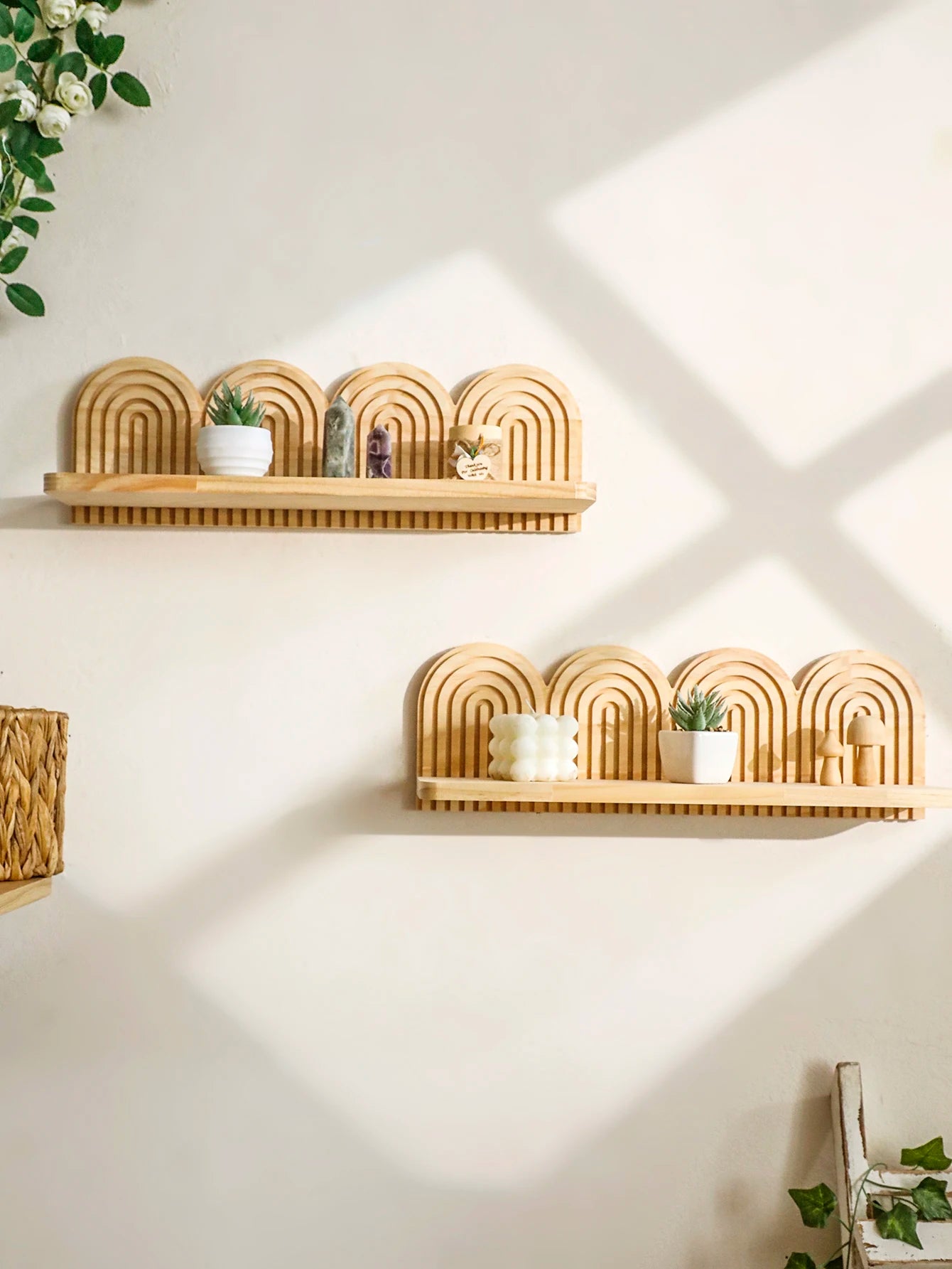 Boho Rainbow Arched Floating Wall Shelves - Rustic Wooden Decor