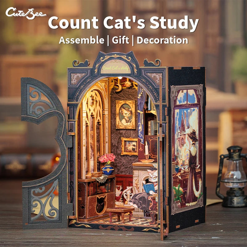 CUTEBEE DIY Book Nook Kit - Miniature Wooden Dollhouse with Lights