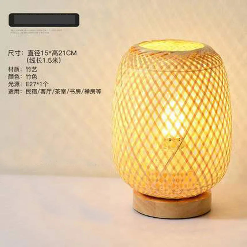 Handcrafted Bamboo Woven Table Lamp with Wooden Base - Modern Night Light