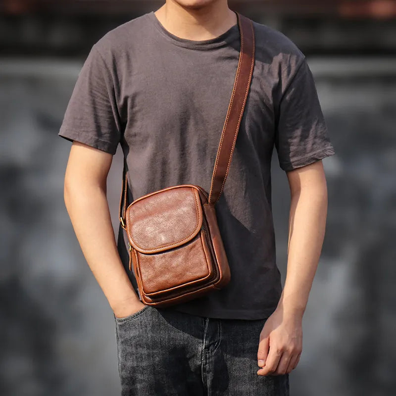Top Grain Leather Sling Bag for Men - Vintage Crossbody Phone Carrier