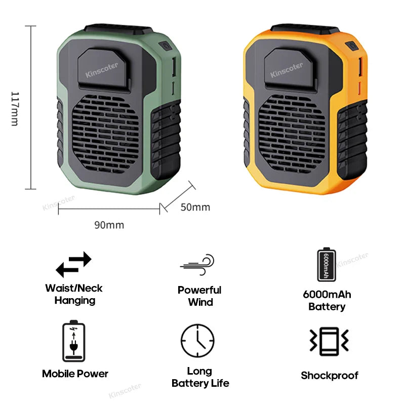 Kinscoter 6000mAh Portable Fan with Power Bank & Lanyard