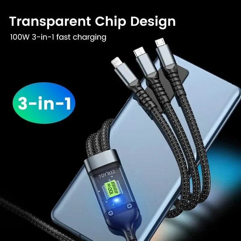 100W 3-in-1 Fast Charging Cable: USB Type-C & Micro for All Devices