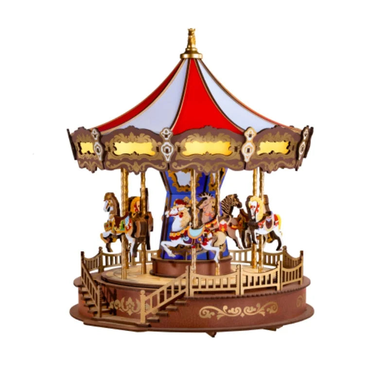 Robotime 3D Wooden Carousel Music Box with LED Lights - Fun Gift Idea