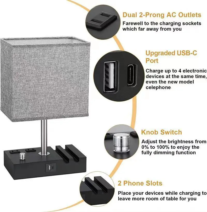 Dimmable Touch Control Table Lamp with Fabric Shade - USB Charging