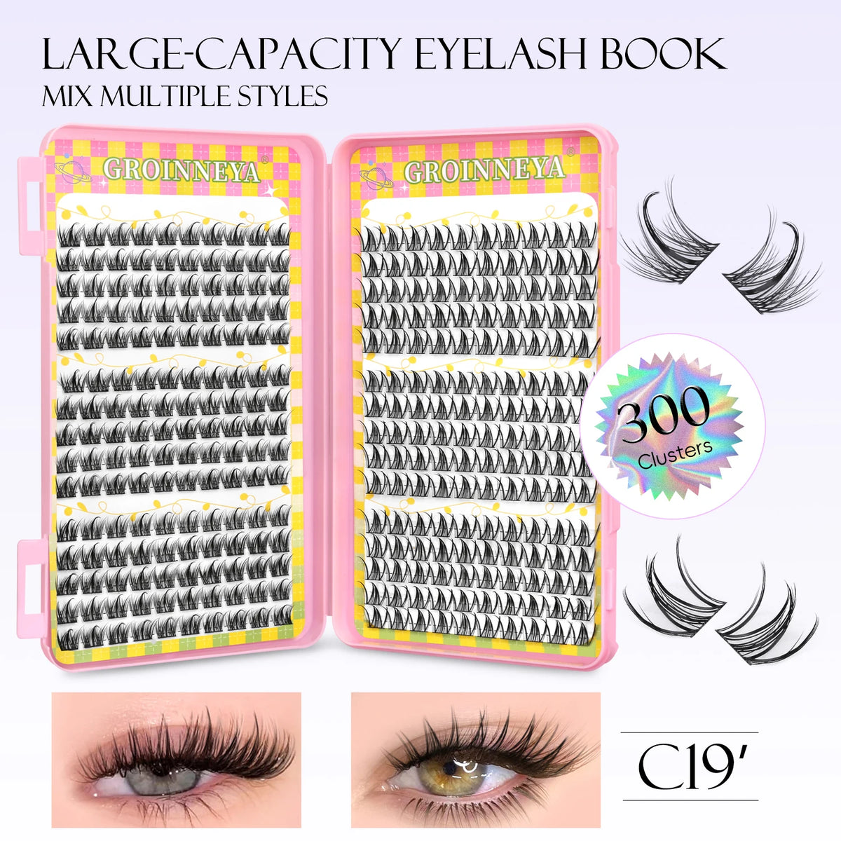 GROINNEYA Natural Cluster Lashes - 320 Pcs Volume Mixed Tray