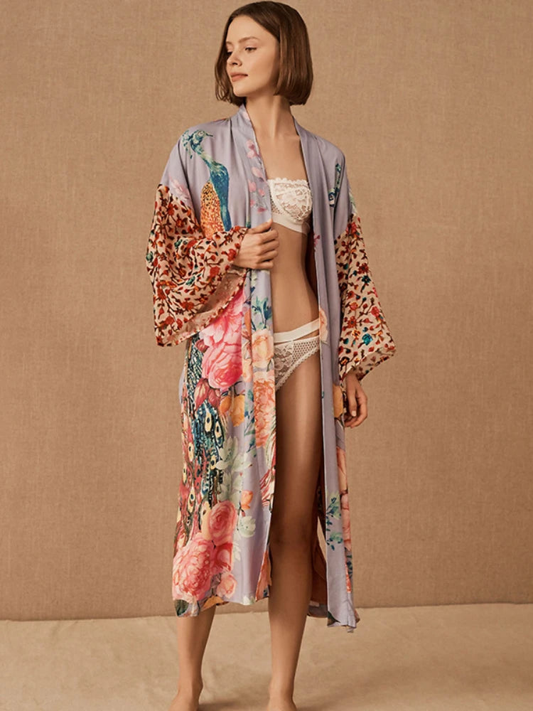 Stylish Peacock Printed Beach Kimono - Women's Swimsuit Cover Up