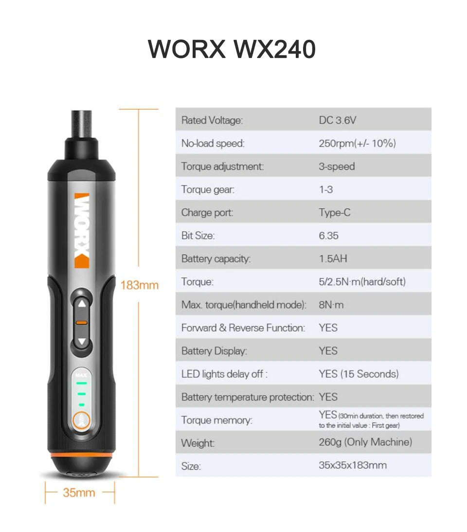 Worx 4V Mini Cordless Electric Screwdriver Set - Rechargeable, 30 Bits