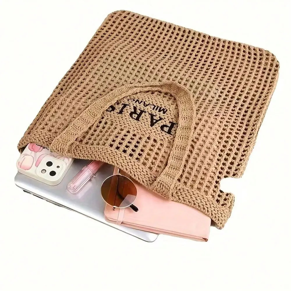 1 Piece Women's Knitted Woven Tote Bag - Paris Lettered Open Shoulder Bag, Breathable Beach & Travel Bag, Washable Fabric, Casual Shopping Accessory, Durable Woven Design, Exclusive for Fashion Enthusiasts