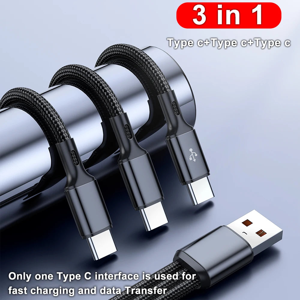 3-in-1 USB-C 100W Fast Charging Data Cable for Samsung & Xiaomi