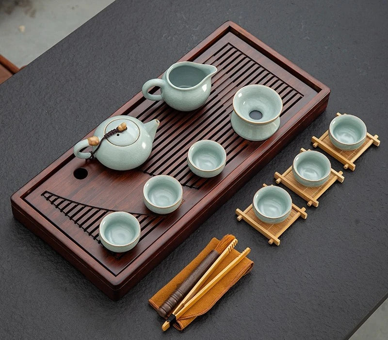 VINRITO Yixing Ceramic Kung Fu Tea Set with Solid Wood Tea Tray - 27 Pieces