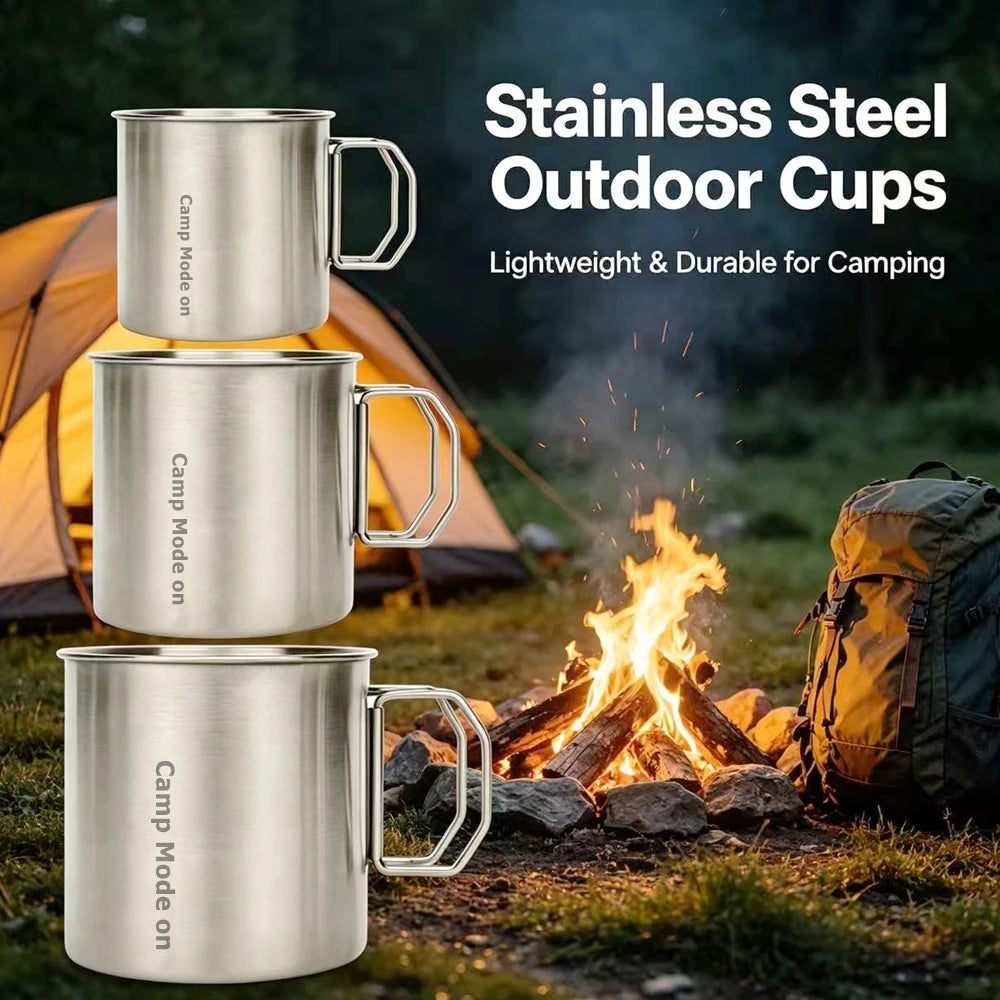 Lightweight Stainless Steel Camping Mug Set - 3 Stackable Cups with Mesh Bag
