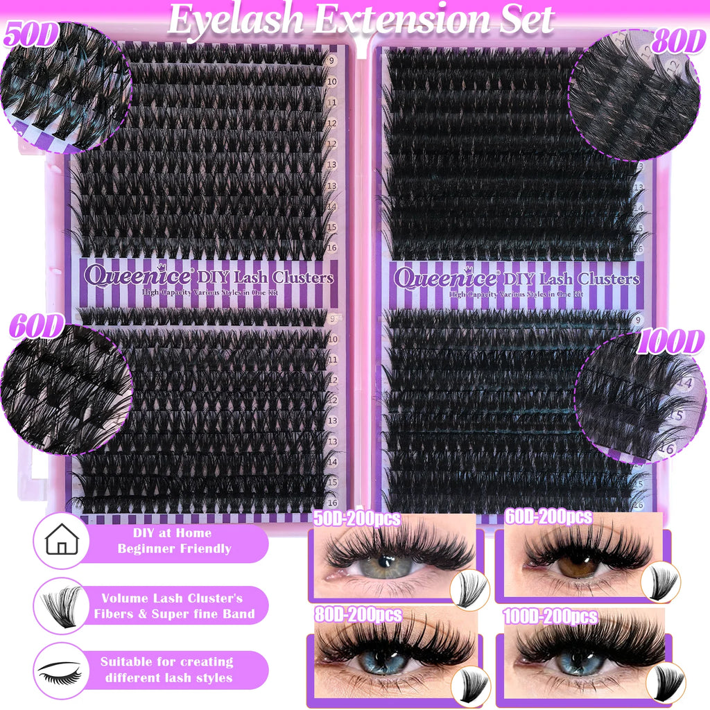 QUEENICE DIY Cluster Lashes - Fluffy Cat Eye Eyelash Extensions