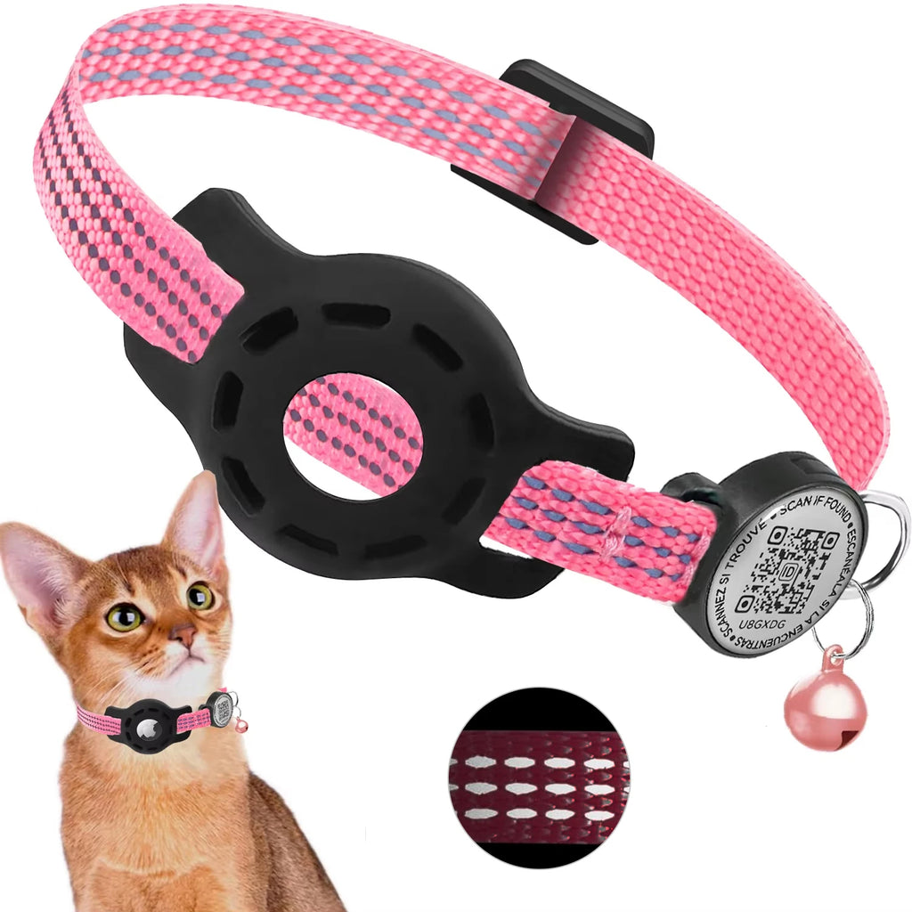 Reflective Cat GPS Collar with QR Code & AirTag Holder - Breakaway Design