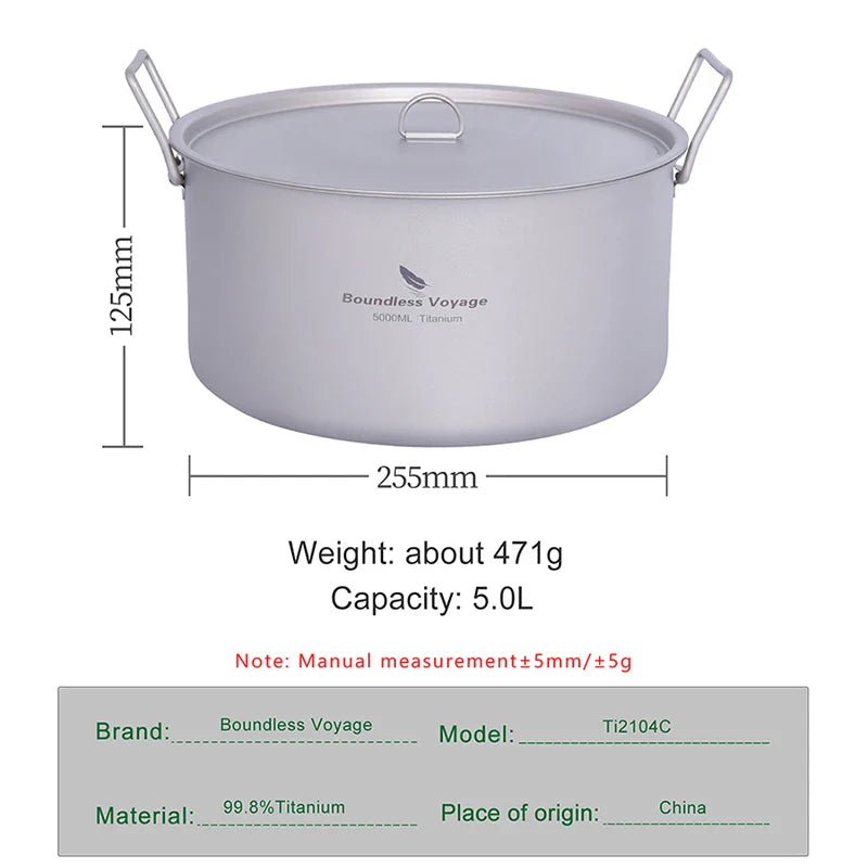 Boundless Voyage 5.0L Titanium Pot for Camping & Hiking