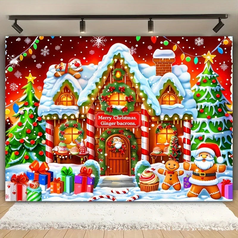 Festive Christmas Background with Holiday Decor & Whimsical Cottage