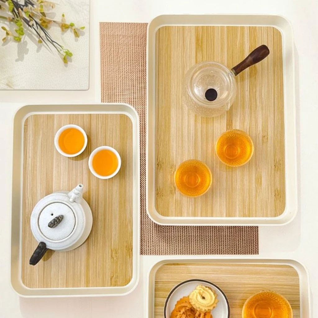 Eco-Friendly Wood Grain Plastic Serving Tray | Multi-Functional Organizer