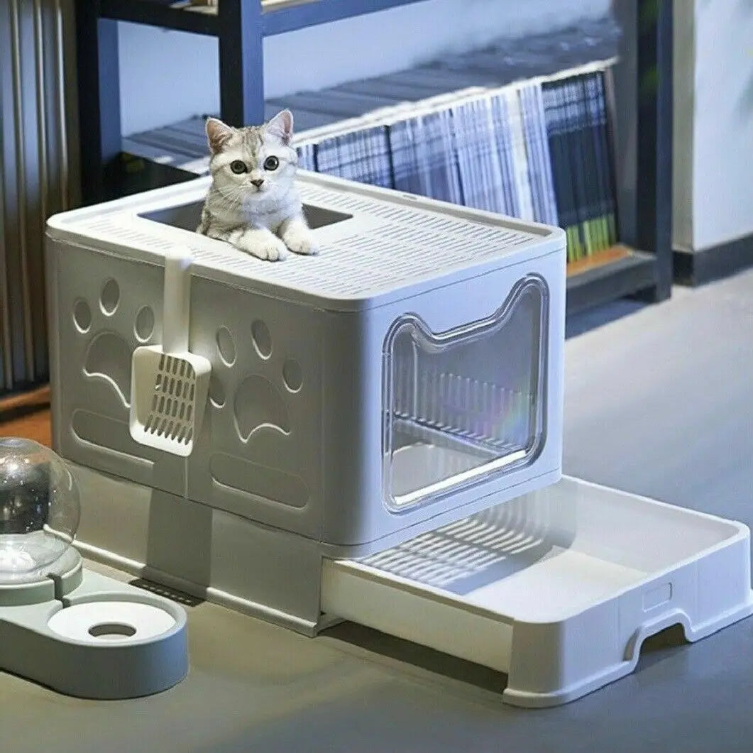 Extra Large Foldable Hooded Cat Litter Tray with Scoop - Easy Clean