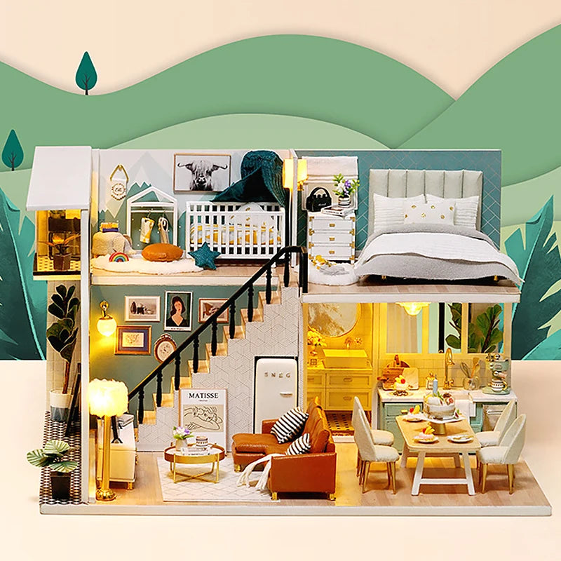 3D Wooden Mini Dollhouse Kit - DIY Duplex Apartment with Furniture