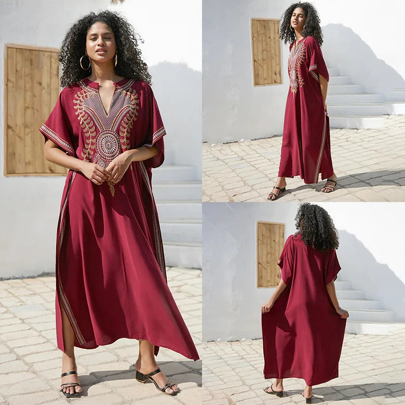 Stylish V Neck Swim Cover Up for Women - Embroidered Kaftan Dress