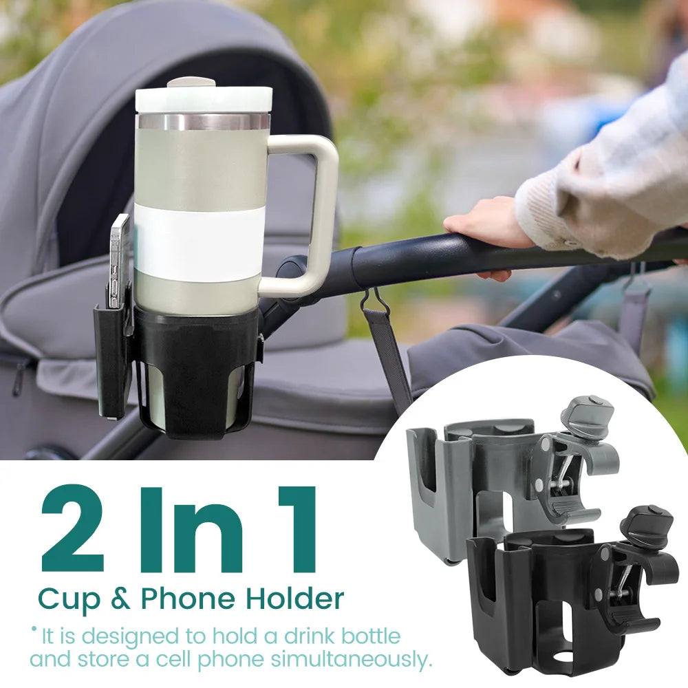Universal Stroller Cup Holder with Phone Holder - 360° Rotating Clip