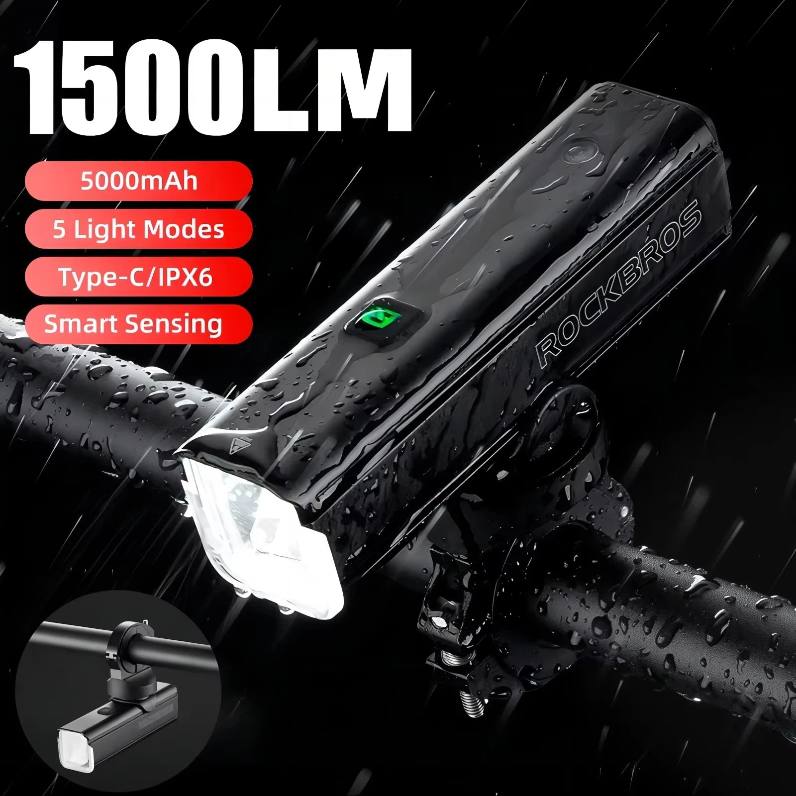 ROCKBROS 1500LM Bike Light - Smart IPX6 Waterproof Front Lamp