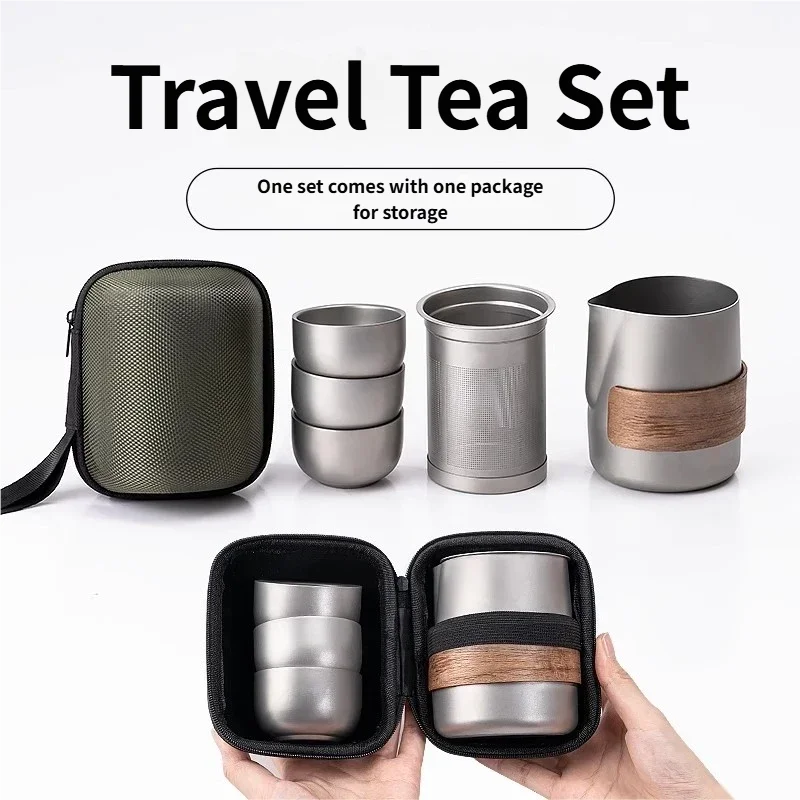 Portable Titanium Travel Tea Set with Insulated Cups & Strainer