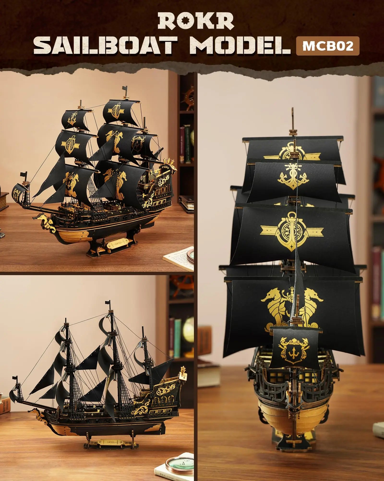 Robotime Seahorse Barque 3D Wooden Puzzle - Classic Sailboat Model Kit