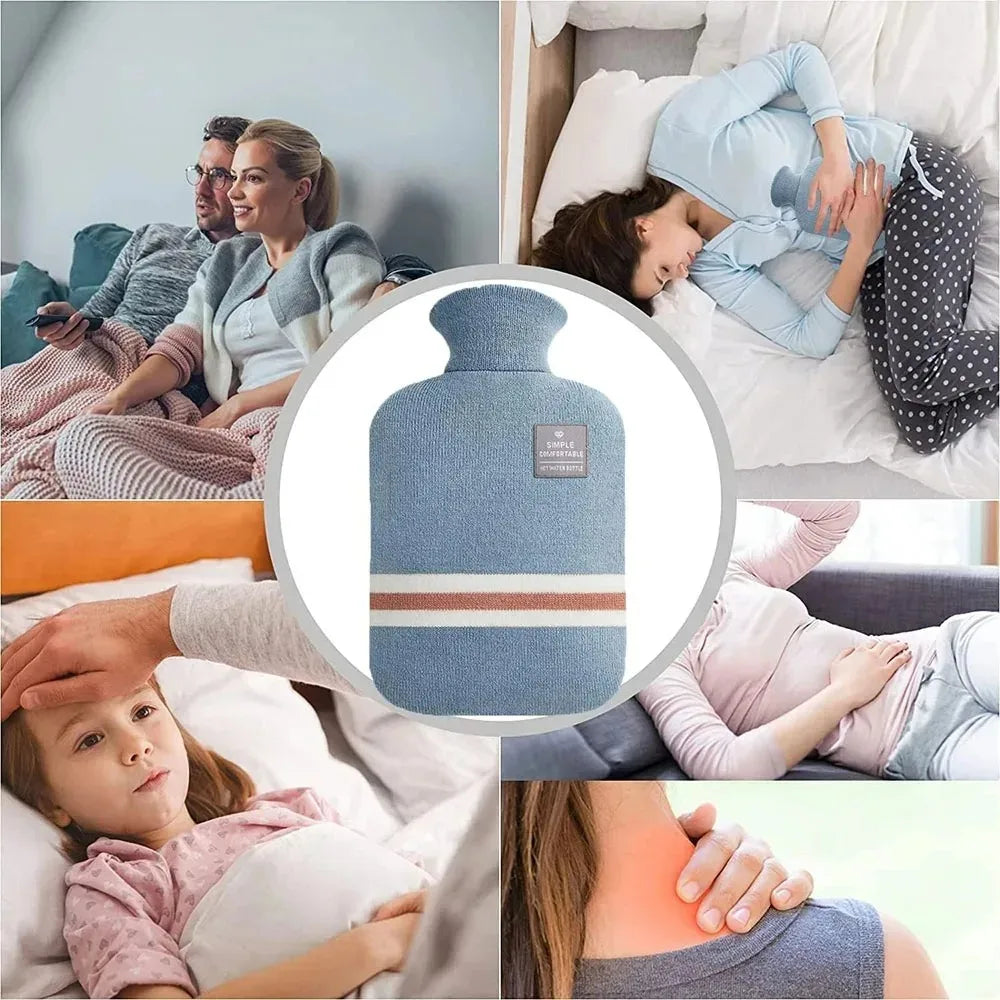 Durable Hot Water Bottle with Knitted Cover for Pain Relief - 1L/2L