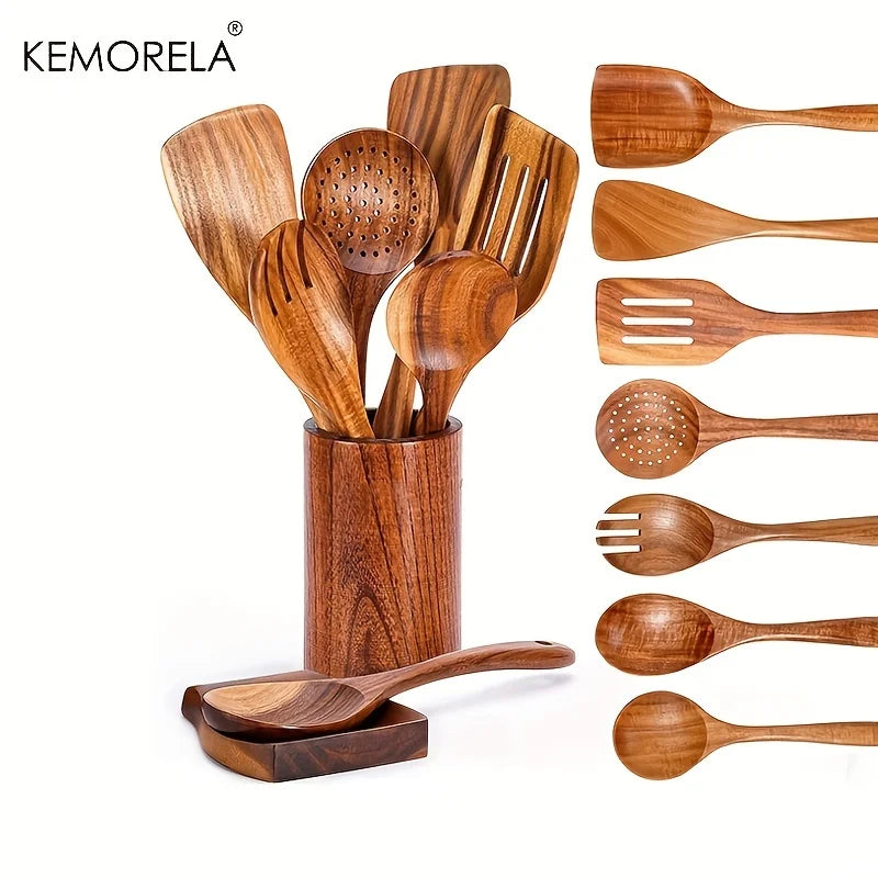 9-Piece Teak Wooden Cooking Spoon Set with Holder - Eco-Friendly Utensils