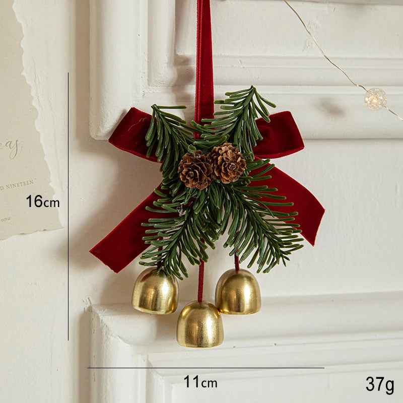 Festive Christmas Jingle Bells Door Hanger with Velvet Bow & Pine Cones