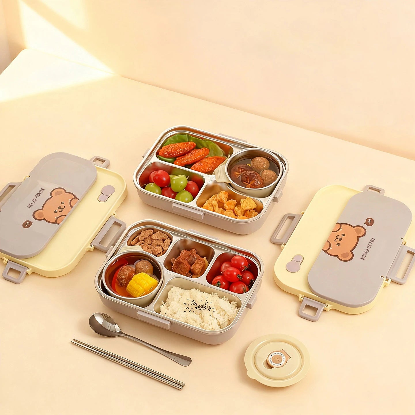 1500ml Stainless Steel Lunch Box with Cutlery & Bowl - Large Capacity