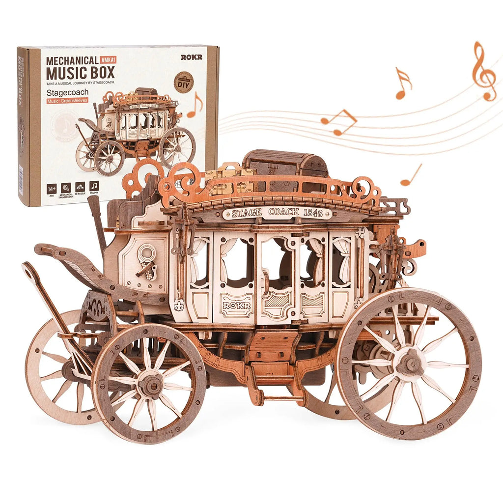 Robotime Stagecoach Music Box 3D Wooden Puzzle - Unique Gift & Hobby