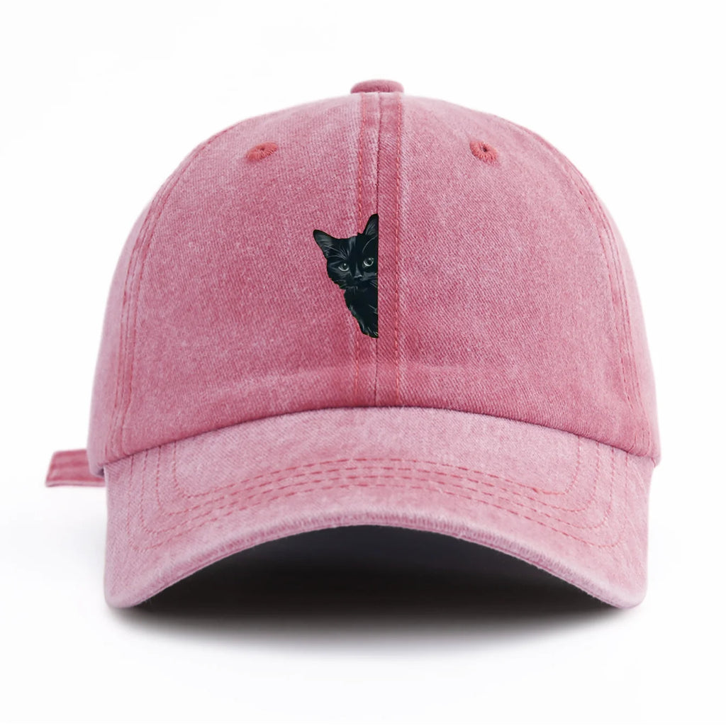 Black Cat Print Washed Baseball Cap - Casual Adjustable Dad Hat