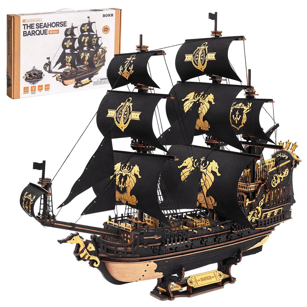 ROBOTIME The Seahorse Barque 3D Wooden Ship Model Kit for Teens & Adults