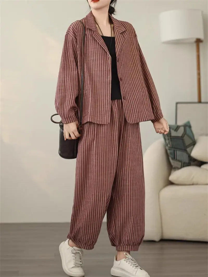 Stylish Women's Cotton Linen Stripe Suit Set - Casual Wide Leg Pants