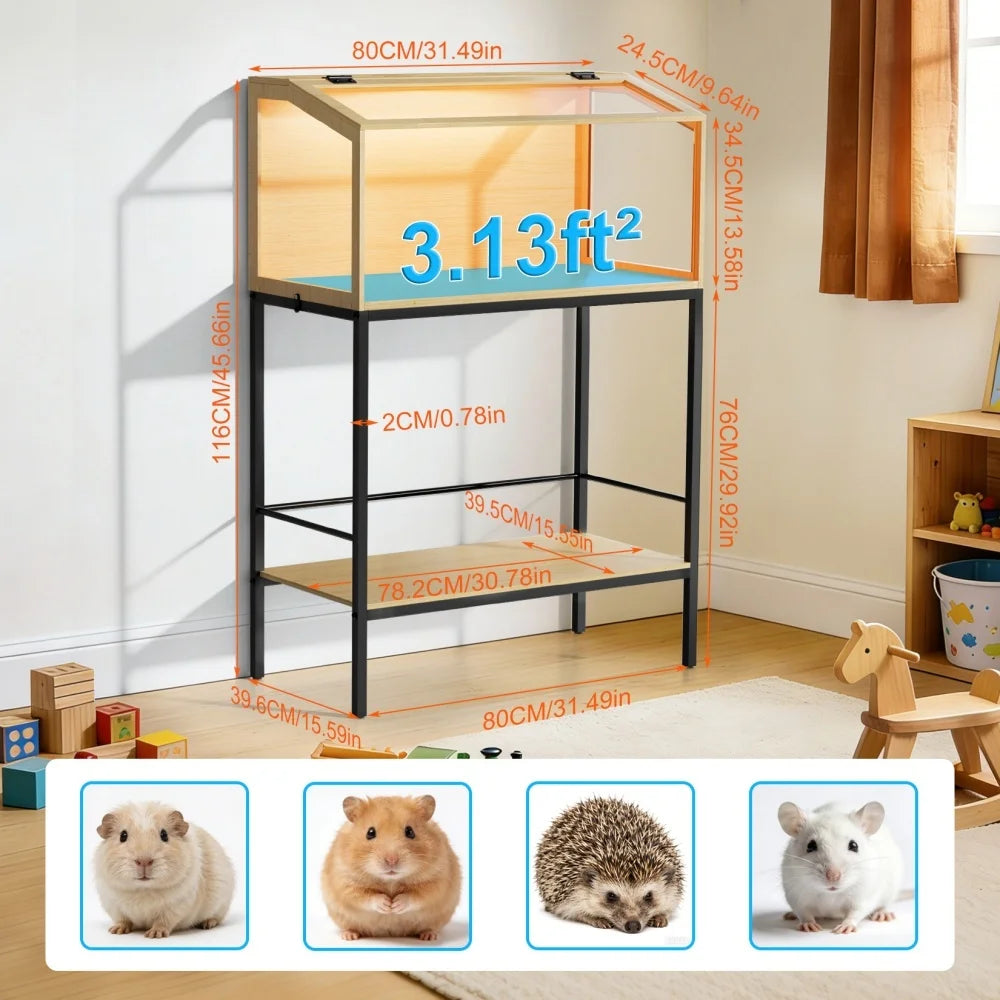 Large Elevated Wooden Hamster Cage with LED Light & Storage Shelf