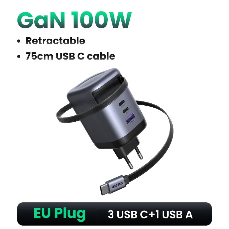 UGREEN 65W GaN Charger with Retractable USB-C Cable - Fast & Compact